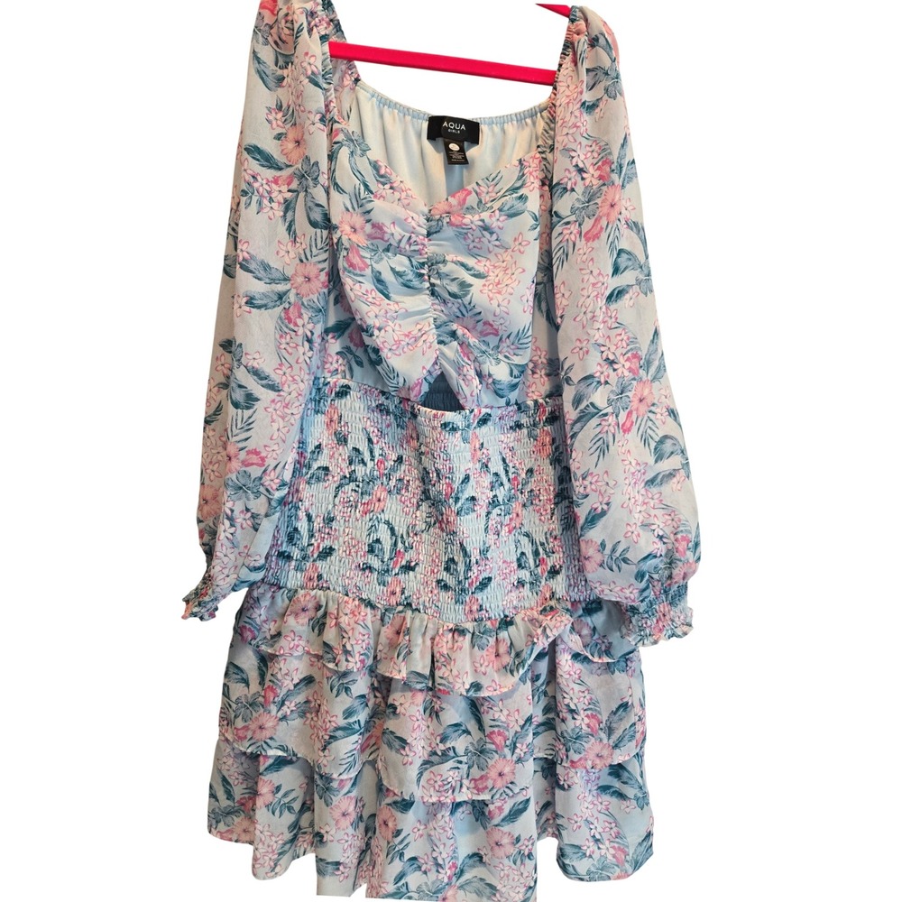 AQUA Girls Floral Smocked Ruffle Dress Long Sleeve Pink Blue Size Medium 9-10yrs